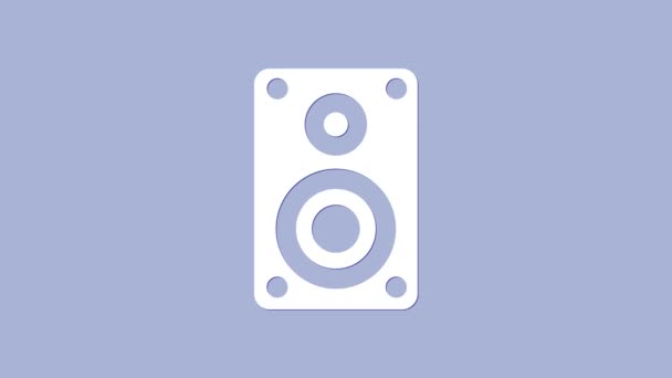 Icono de altavoz estéreo blanco aislado sobre fondo púrpura. Altavoces del sistema de sonido. Icono musical. Equipo de altavoz de columna musical bajo. Animación gráfica de vídeo 4K — Vídeos de Stock