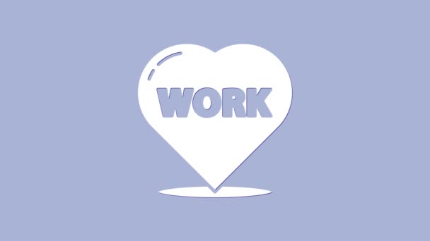 Белое сердце с иконкой текстовой работы на фиолетовом фоне. Видеографическая анимация 4K — стоковое видео