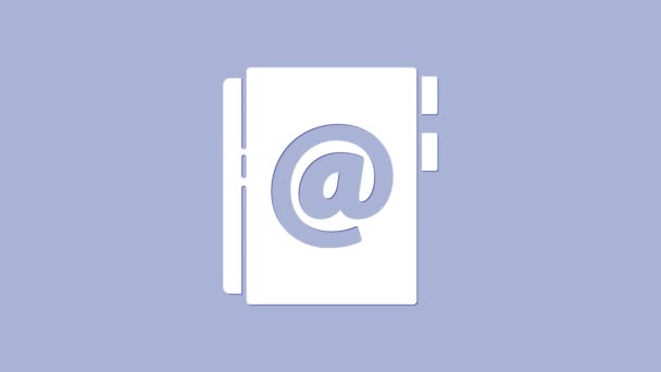 Ікона книги "Біла адреса" ізольована на фіолетовому тлі. Примітки, адреса, контакт, директорія, телефон, телефонна книга ікона. 4K Відеографічна анімація — стокове відео