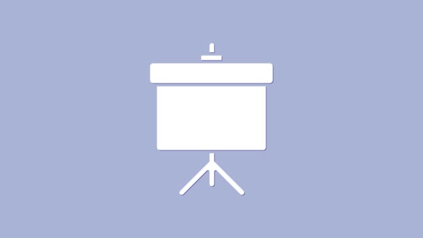 グラフ、スケジュール、チャート、図、インフォグラフィック、円グラフのアイコンが紫色の背景に分離されたホワイトプレゼンテーションボード。4Kビデオモーショングラフィックアニメーション — ストック動画
