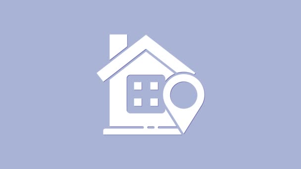 Ponteiro de mapa branco com ícone de casa isolado no fundo roxo. Símbolo do marcador de localização. Animação gráfica em movimento de vídeo 4K — Vídeo de Stock