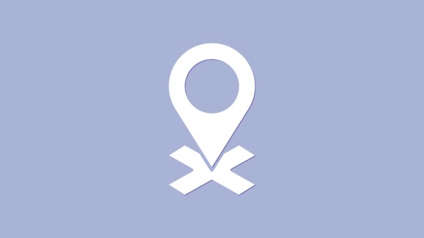 Icono de pin Mapa blanco aislado sobre fondo púrpura. Navegación, puntero, ubicación, mapa, GPS, dirección, lugar, brújula, concepto de búsqueda. Animación gráfica de vídeo 4K — Vídeo de stock