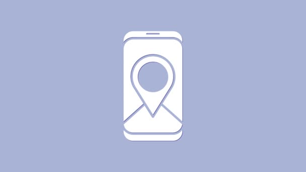 На фиолетовом фоне выделена белая графическая иконка карты города. Концепция мобильного интерфейса приложения. Концепция геолокации. Видеографическая анимация 4K — стоковое видео