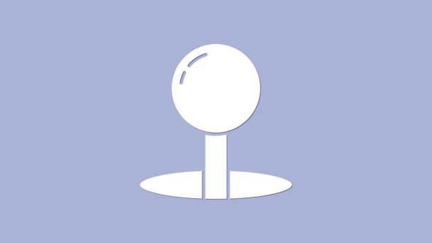 Blanco Push pin icono aislado sobre fondo púrpura. Signo de chinchetas. Animación gráfica de vídeo 4K — Vídeo de stock