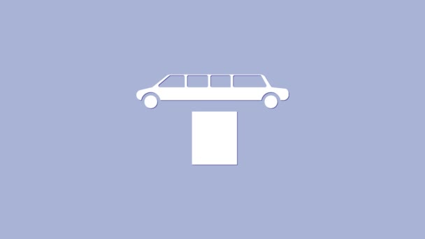 Fehér Luxus limuzin autó és szőnyeg ikon elszigetelt lila háttér. A világ első számú hírességeinek és vendégeinek plakátjára. 4K Videó mozgás grafikus animáció — Stock videók