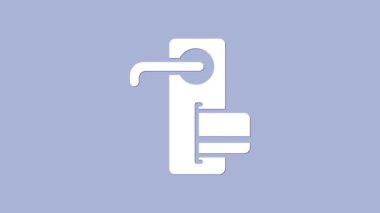 Mor arkaplanda izole edilmiş ikonu açmak için kablosuz teknolojiye sahip beyaz dijital kapı kilidi. Kapı kolu tabelası. Güvenlik akıllı ev. 4K Video hareketli grafik canlandırması