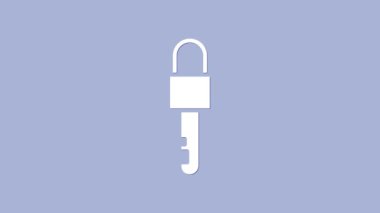 Mor arkaplanda izole edilmiş beyaz kilitli anahtar simgesi. 4K Video hareketli grafik canlandırması