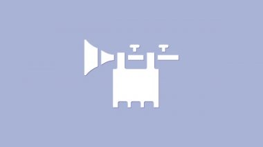 Mor arkaplanda bayrak simgesi olan beyaz trompet. Müzik aleti trompeti. 4K Video hareketli grafik canlandırması