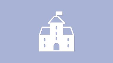 Beyaz Kale simgesi mor arkaplanda izole edilmiş. Kulesi olan bir ortaçağ kalesi. Düşmanlardan koruma. Şehrin güvenilirliği ve savunması. 4K Video hareketli grafik canlandırması