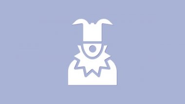 Beyaz Joker baş simgesi mor arkaplanda izole edildi. Soytarı işareti. 4K Video hareketli grafik canlandırması