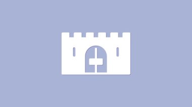 Beyaz ortaçağ kale kapısı, mor arka planda izole edilmiş bir taş duvar ikonu. Ortaçağ kalesi. Düşmanlardan koruma. 4K Video hareketli grafik canlandırması