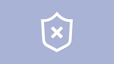 Mor arkaplanda çapraz iz simgesi olan beyaz kalkan. Kalkan ve reddedildi. Reddetme bildirimi. 4K Video hareketli grafik canlandırması