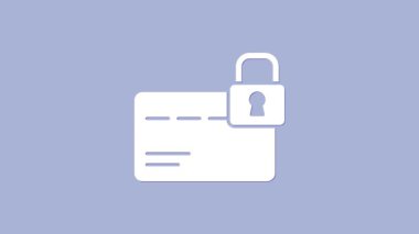 Mor arka planda kilit simgesi olan beyaz kredi kartı. Kilitli banka kartı. Güvenlik, güvenlik, koruma. Güvenli ödeme kavramı. 4K Video hareketli grafik canlandırması