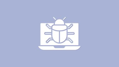 Monitör simgesindeki beyaz sistem hatası mor arkaplanda izole edildi. Kod hatası konsepti. Sistemde hata var. Böcek araması. 4K Video hareketli grafik canlandırması