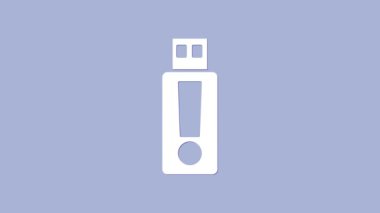 Beyaz USB flaş bellek simgesi mor arkaplanda izole edildi. 4K Video hareketli grafik canlandırması