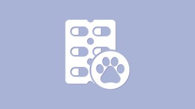 Beyaz Köpek hapı ikonu mor arka planda izole edilmiş. Hayvan için reçeteli ilaç. 4K Video hareketli grafik canlandırması