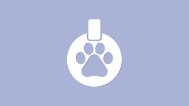 Mor arkaplanda isim etiketi simgesi olan beyaz yakalı. Evcil hayvan malzemeleri. Köpek ya da kedi pençesi izi. Kedi köpek bakımı. Evcil hayvan zincirleri. 4K Video hareketli grafik canlandırması