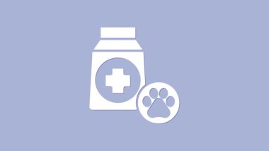 Mor arka planda izole edilmiş köpek ikonu için beyaz yiyecek torbası. Köpek ya da kedi pençesi izi. Hayvanlar için yiyecek. Hayvan maması paketi. 4K Video hareketli grafik canlandırması