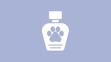 Mor arka planda beyaz evcil hayvan şampuanı ikonu var. Evcil hayvan bakım işareti. Köpek temizleme sembolü. 4K Video hareketli grafik canlandırması