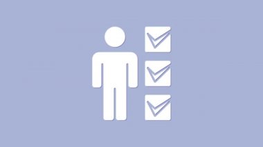 Mor arka planda beyaz takım elbiseli adam ikonu izole edildi. İş simgesi kullanıcı profili simgesi simgesi. Erkek kullanıcı işareti. 4K Video hareketli grafik canlandırması