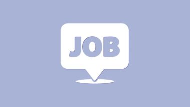 Mor arka planda görev simgesi olan beyaz konuşma balonu. İşe alım ya da seçim konsepti. Çalışanları ve işi ara. 4K Video hareketli grafik canlandırması