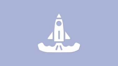 Beyaz Roket simgesi mor arkaplanda izole edildi. 4K Video hareketli grafik canlandırması