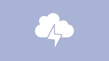 Beyaz Fırtına simgesi mor arkaplanda izole edildi. Bulut ve şimşek işareti. Fırtınanın hava durumu ikonu. 4K Video hareketli grafik canlandırması