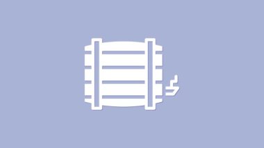 Beyaz tahta varil ikonu mor arka planda izole edilmiş. Alkol fıçısı, içki kabı, bira için tahta fıçı, viski, şarap. 4K Video hareketli grafik canlandırması