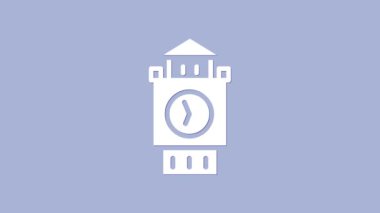 Beyaz Big Ben kulesi simgesi mor arkaplanda izole edildi. Londra ve İngiltere 'nin sembolü. 4K Video hareketli grafik canlandırması