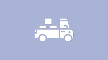 Mor arka planda izole edilmiş simgenin arkasında karton kutular olan beyaz teslimat kamyonu. 4K Video hareketli grafik canlandırması