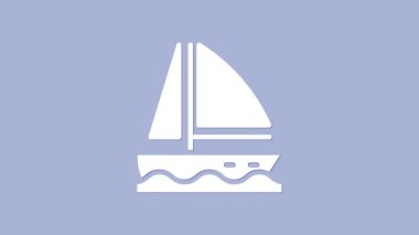 Beyaz Yat yelkenlisi ya da yelkenli ikonu, mor arka planda izole edilmiş. Yelkenli deniz seyahati. 4K Video hareketli grafik canlandırması