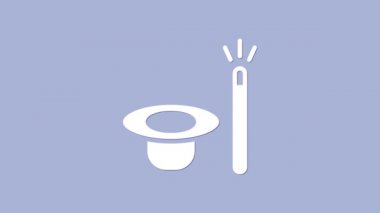 Mor arka planda beyaz sihirli şapka ve sihirli değnek ikonu var. Sihir numarası. Gizemli eğlence konsepti. 4K Video hareketli grafik canlandırması