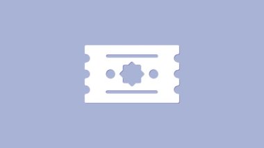 Beyaz Bilet simgesi mor arkaplanda izole edildi. Eğlence parkı. 4K Video hareketli grafik canlandırması