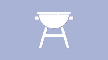 Mor arka planda beyaz ızgara ikonu izole edildi. Barbekü ızgara partisi. 4K Video hareketli grafik canlandırması