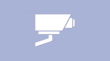 Mor arkaplanda beyaz güvenlik kamerası simgesi var. 4K Video hareketli grafik canlandırması