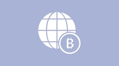 Beyaz Küre ve şifreli para birimi Bitcoin simgesi mor arka planda izole edildi. Madeni para. Engelleme zinciri tabanlı şifreli para birimi. 4K Video hareketli grafik canlandırması