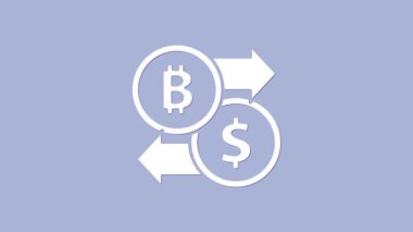 Mor arkaplanda beyaz kripto döviz simgesi izole edildi. Bitcoin 'den dolar takas simgesine. Kripto para teknolojisi, mobil bankacılık. 4K Video hareketli grafik canlandırması