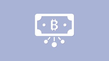 Mor zemin üzerinde izole edilmiş mikroçip devre ikonu ile daire içinde beyaz kripto para birimi bitcoin. Engelleme teknolojisi, dijital para piyasası. 4K Video hareketli grafik canlandırması