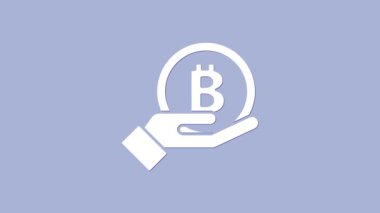 Beyaz El 'in elinde mor arkaplanda Bitcoin simgesi var. Engelleme teknolojisi, dijital para piyasası, şifreli para cüzdanı. 4K Video hareketli grafik canlandırması