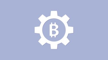 Mor zemin üzerinde izole edilmiş beyaz kripto para sikkesi Bitcoin simgesi. Vites ve Bitcoin ayarı. Engelleme zinciri tabanlı şifreli para birimi. 4K Video hareketli grafik canlandırması