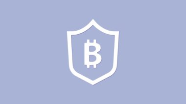 Mor arka planda bitcoin simgesi olan beyaz kalkan. Kripto para madenciliği, engelleme teknolojisi, güvenlik, koruma, dijital para. 4K Video hareketli grafik canlandırması