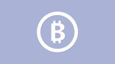 Mor zemin üzerinde izole edilmiş beyaz kripto para sikkesi Bitcoin simgesi. Madeni para. Engelleme zinciri tabanlı şifreli para birimi. 4K Video hareketli grafik canlandırması