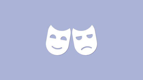 Белая комедия и трагические театральные маски икона выделена на фиолетовом фоне. Видеографическая анимация 4K — стоковое видео