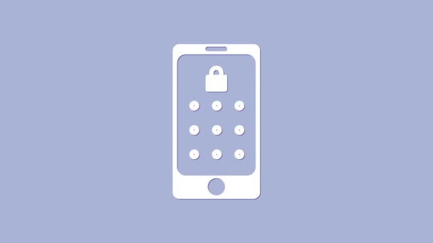 Blanco Teléfono móvil y contraseña gráfica icono de protección aislado sobre fondo púrpura. Seguridad, acceso personal, autorización del usuario. Animación gráfica de vídeo 4K — Vídeo de stock