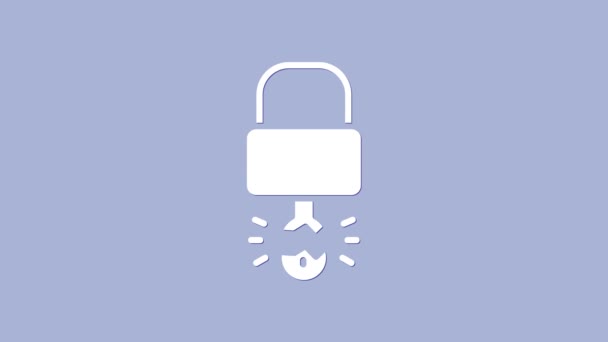 Witte Sleutel brak binnenkant van hangslot pictogram geïsoleerd op paarse achtergrond. Hangslotteken. Beveiliging, veiligheid, bescherming, privacy concept. 4K Video motion grafische animatie — Stockvideo