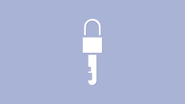 Bílá Uzamčená ikona klíče izolované na fialovém pozadí. Grafická animace pohybu videa 4K — Stock video