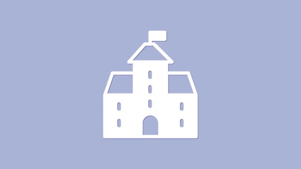 白い城のアイコンは紫色の背景に隔離されました。塔と中世の要塞。敵からの保護。都市の信頼性と防衛。4Kビデオモーショングラフィックアニメーション — ストック動画