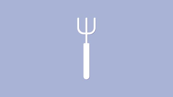 Иконка "Белый сад" выделена на фиолетовом фоне. Вывеска с вилкой. Инструмент для садоводства, сельского хозяйства, сельского хозяйства. Видеографическая анимация 4K — стоковое видео