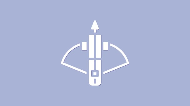Ballesta blanca de batalla con icono de flecha aislado sobre fondo púrpura. Animación gráfica de vídeo 4K — Vídeo de stock