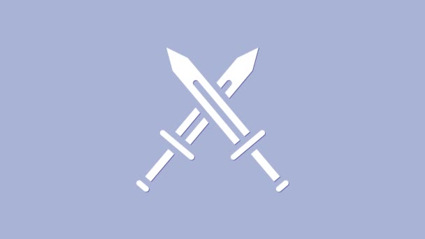 Иконка белого креста средневекового меча выделена на фиолетовом фоне. Средневековое оружие. Видеографическая анимация 4K — стоковое видео